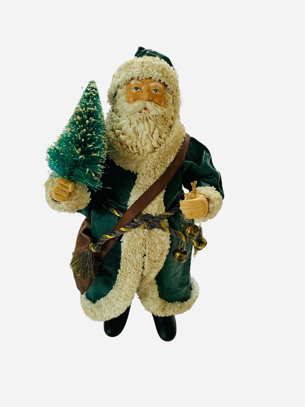 Vintage Clothtique Green Santa Holding Bottlebrush Tree Holiday Decoration